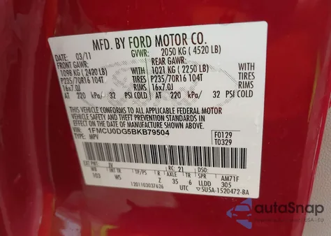 2011 Ford Escape Xlt из США, поврежденный, VIN 1FMCU0DG5BKB79504